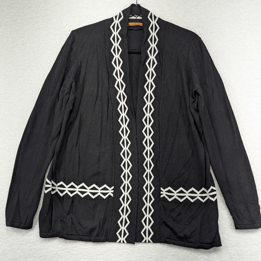 Belldini Black‎ White Geometric Trim Open Front Cardigan Sweater Size L